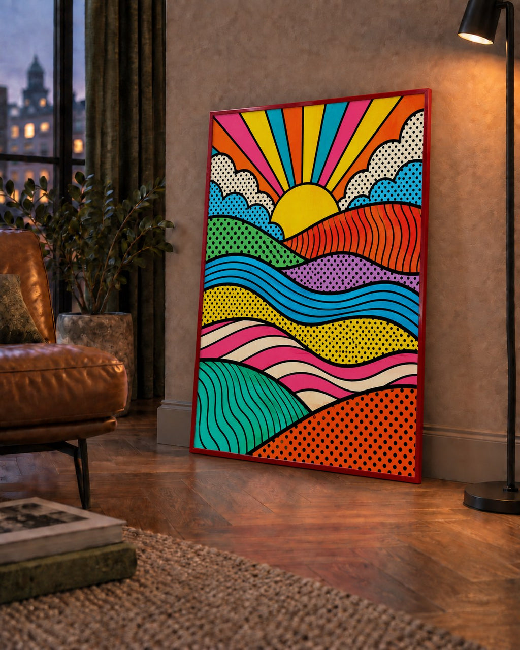 Pop Art Manzara ve Güneş Poster – Renkli Çizgi Roman Tasarım — çerçeveli hâliyle bir ev duvarında