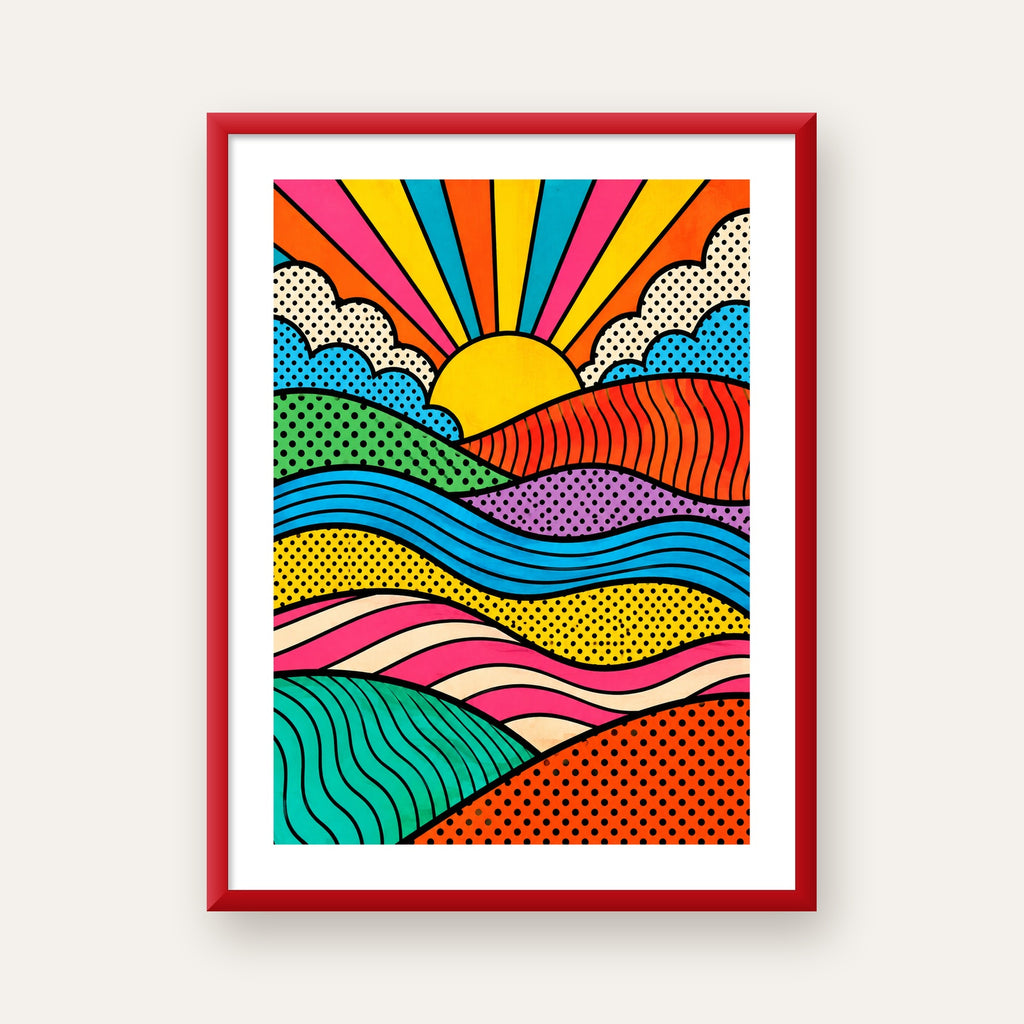 Pop Art Manzara ve Güneş Poster – Renkli Çizgi Roman Tasarım — kırmızı çerçeveli paspartulu
