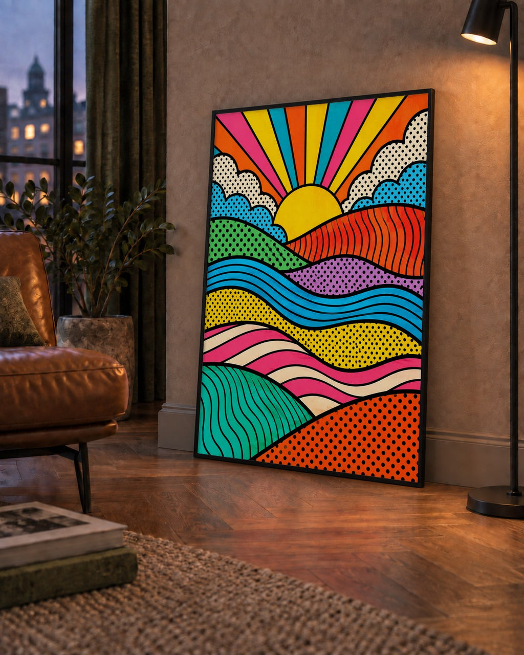 Pop Art Manzara ve Güneş Poster – Renkli Çizgi Roman Tasarım — çerçeveli hâliyle bir ev duvarında