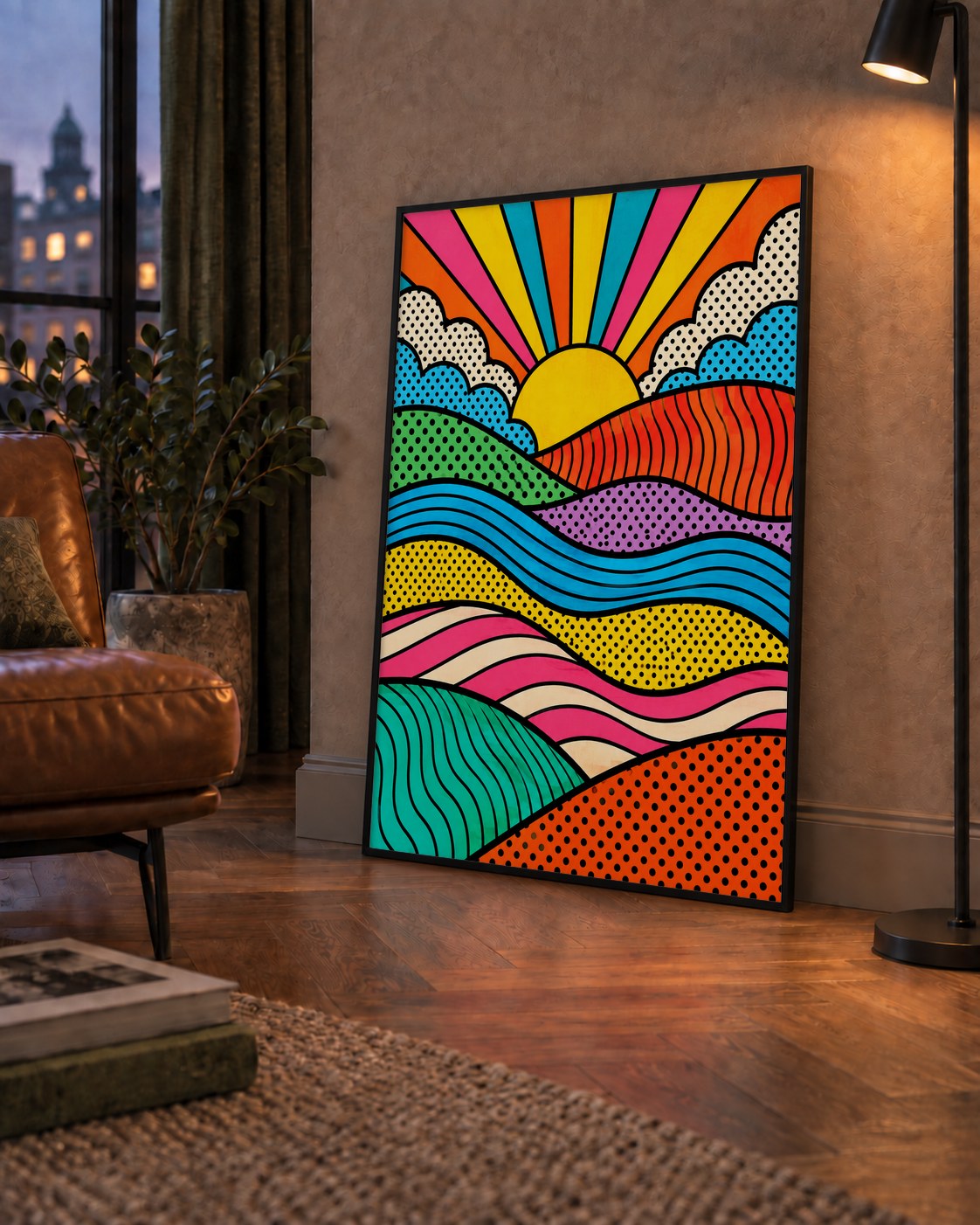 Pop Art Manzara ve Güneş Poster – Renkli Çizgi Roman Tasarım — çerçeveli hâliyle bir ev duvarında