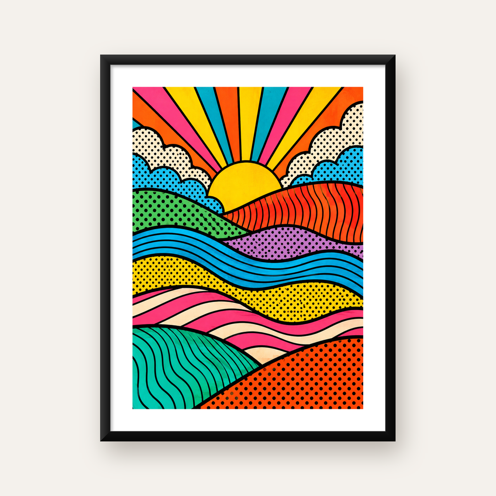 Pop Art Manzara ve Güneş Poster – Renkli Çizgi Roman Tasarım — Dikey baskı, beyaz paspartulu