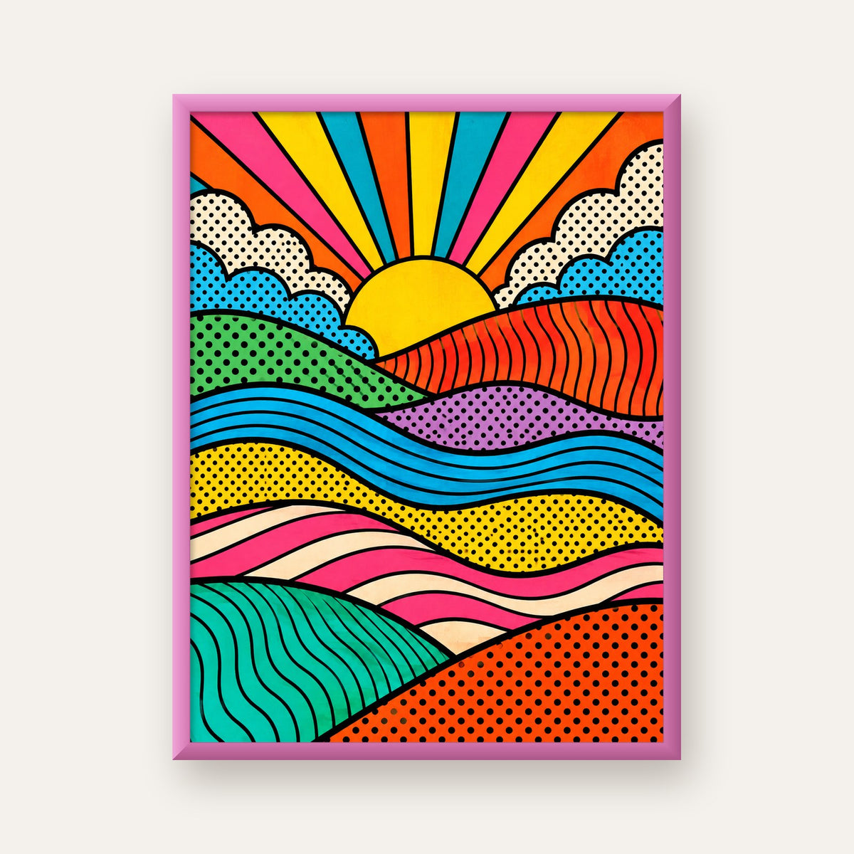 Pop Art Manzara ve Güneş Poster – Renkli Çizgi Roman Tasarım — pembe çerçeveli