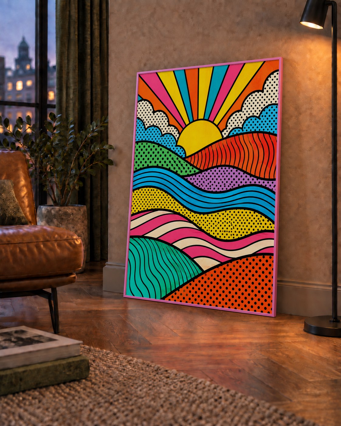Pop Art Manzara ve Güneş Poster – Renkli Çizgi Roman Tasarım — çerçeveli hâliyle bir ev duvarında