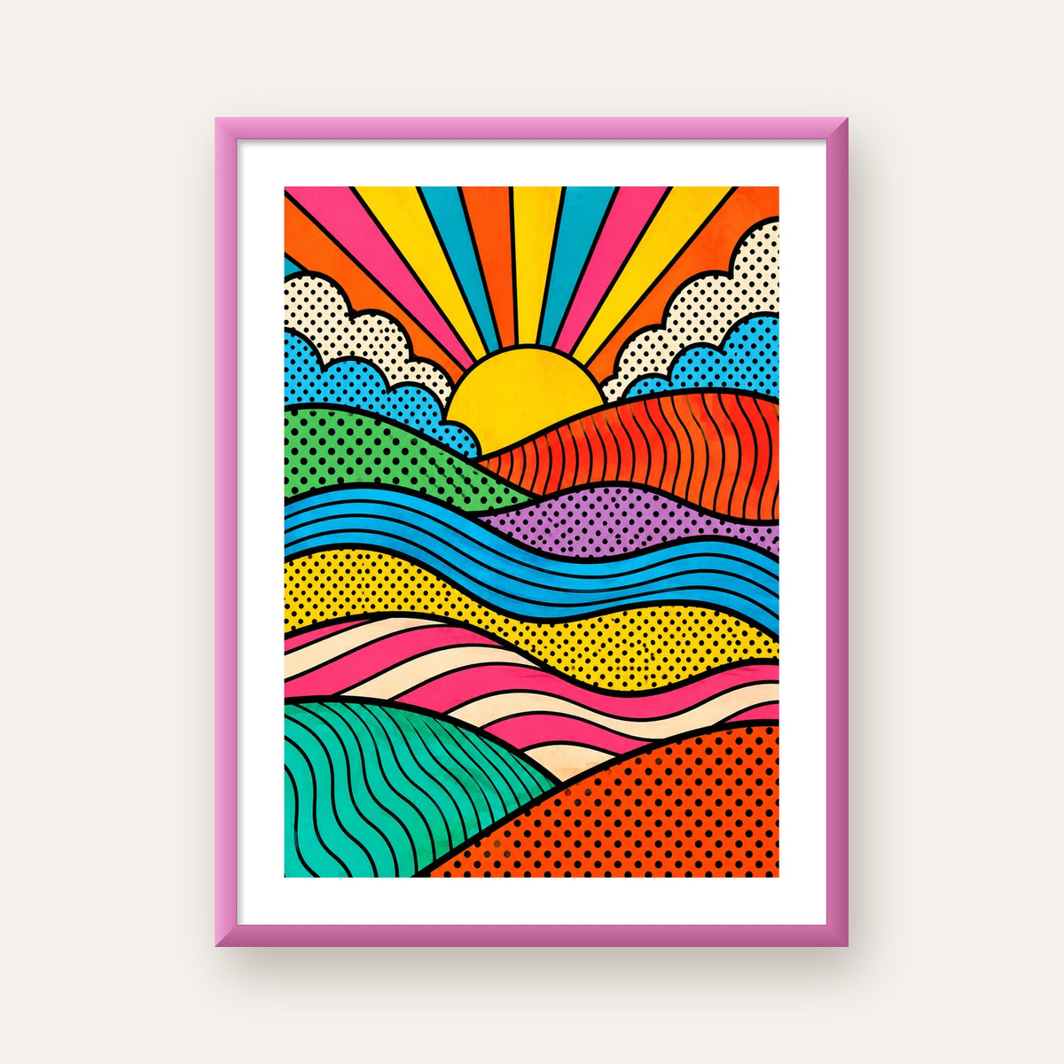 Pop Art Manzara ve Güneş Poster – Renkli Çizgi Roman Tasarım — pembe çerçeveli paspartulu