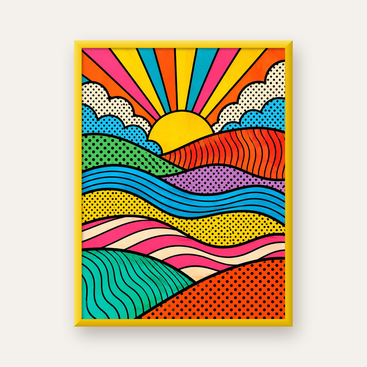 Pop Art Manzara ve Güneş Poster – Renkli Çizgi Roman Tasarım — sarı çerçeveli