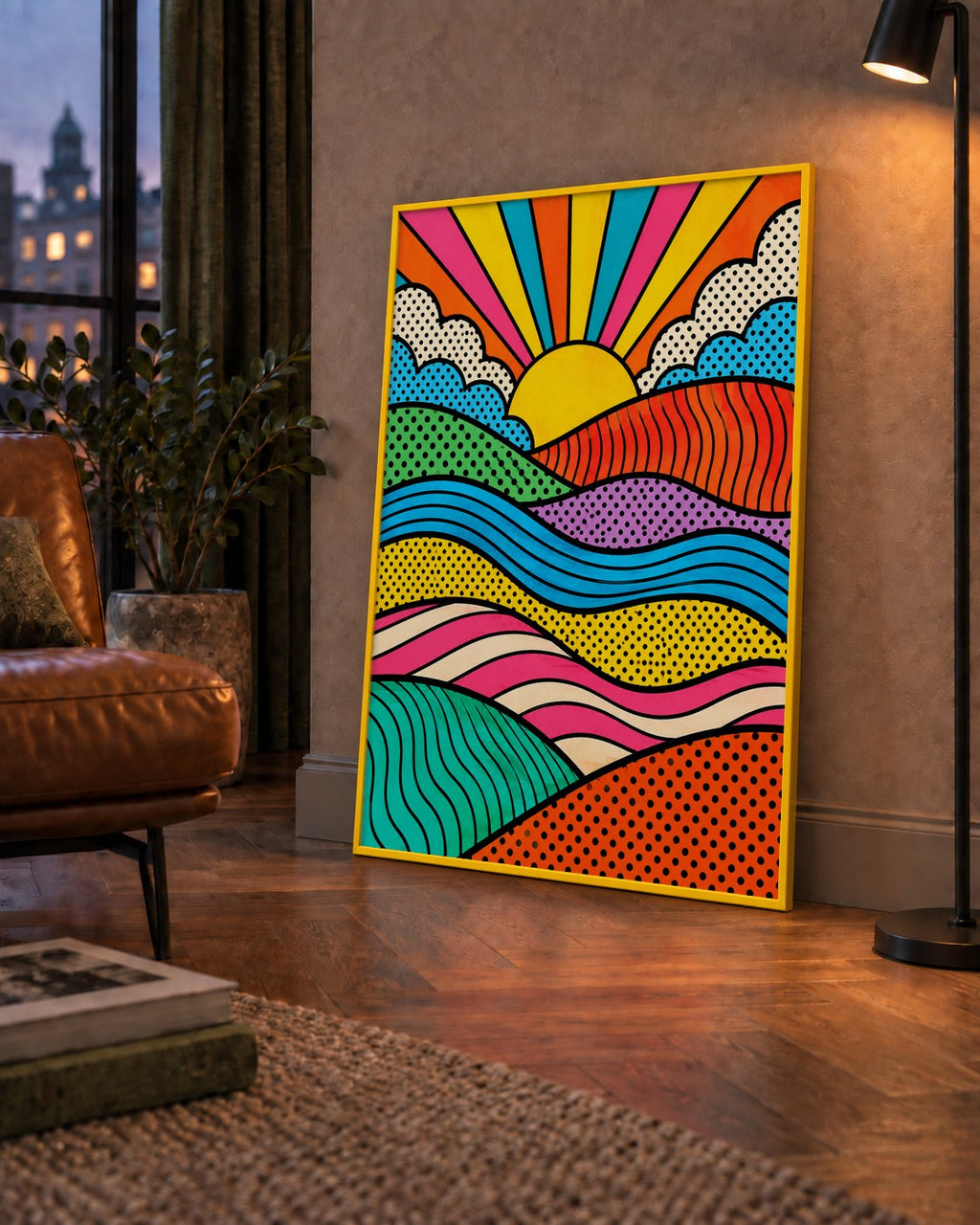 Pop Art Manzara ve Güneş Poster – Renkli Çizgi Roman Tasarım — çerçeveli hâliyle bir ev duvarında