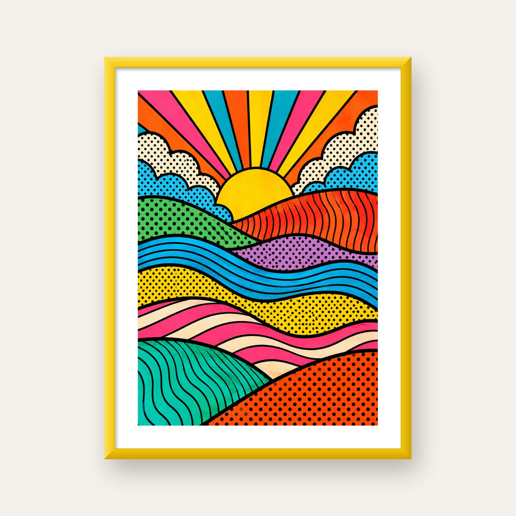 Pop Art Manzara ve Güneş Poster – Renkli Çizgi Roman Tasarım — sarı çerçeveli paspartulu