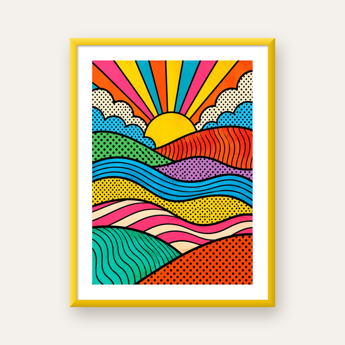 Pop Art Manzara ve Güneş Poster – Renkli Çizgi Roman Tasarım — sarı çerçeveli paspartulu