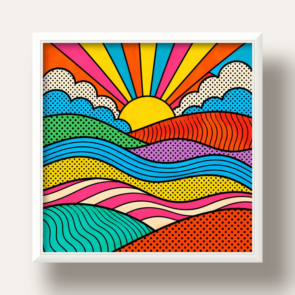 Pop Art Manzara ve Güneş Poster – Renkli Çizgi Roman Tasarım — beyaz derin çerçeveli