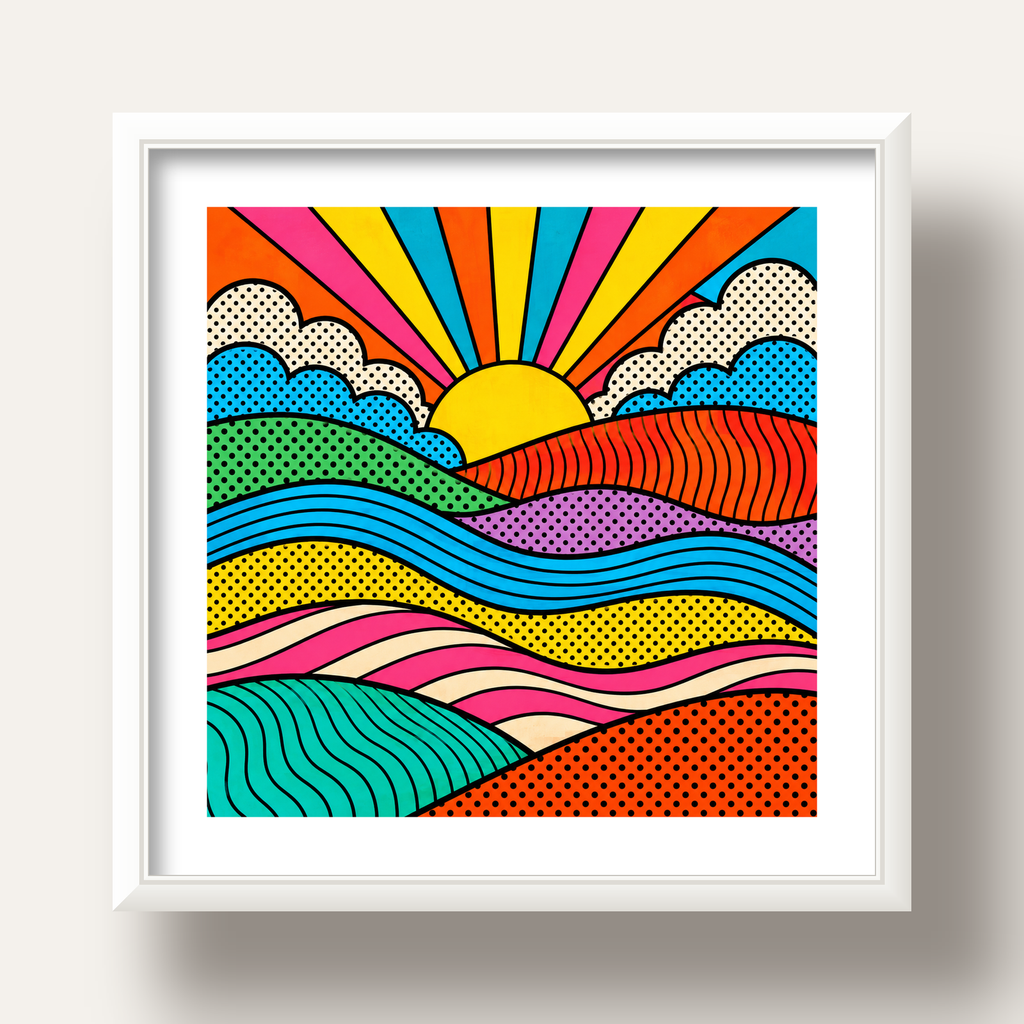 Pop Art Manzara ve Güneş Poster – Renkli Çizgi Roman Tasarım — beyaz derin çerçeveli paspartulu