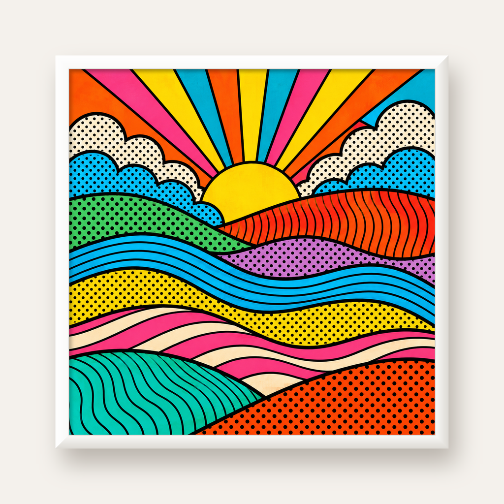 Pop Art Manzara ve Güneş Poster – Renkli Çizgi Roman Tasarım — beyaz çerçeveli kare poster