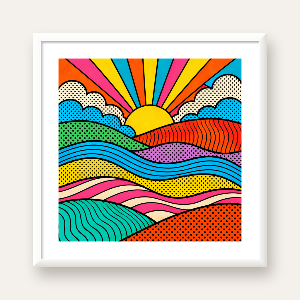 Pop Art Manzara ve Güneş Poster – Renkli Çizgi Roman Tasarım — beyaz çerçeveli kare poster