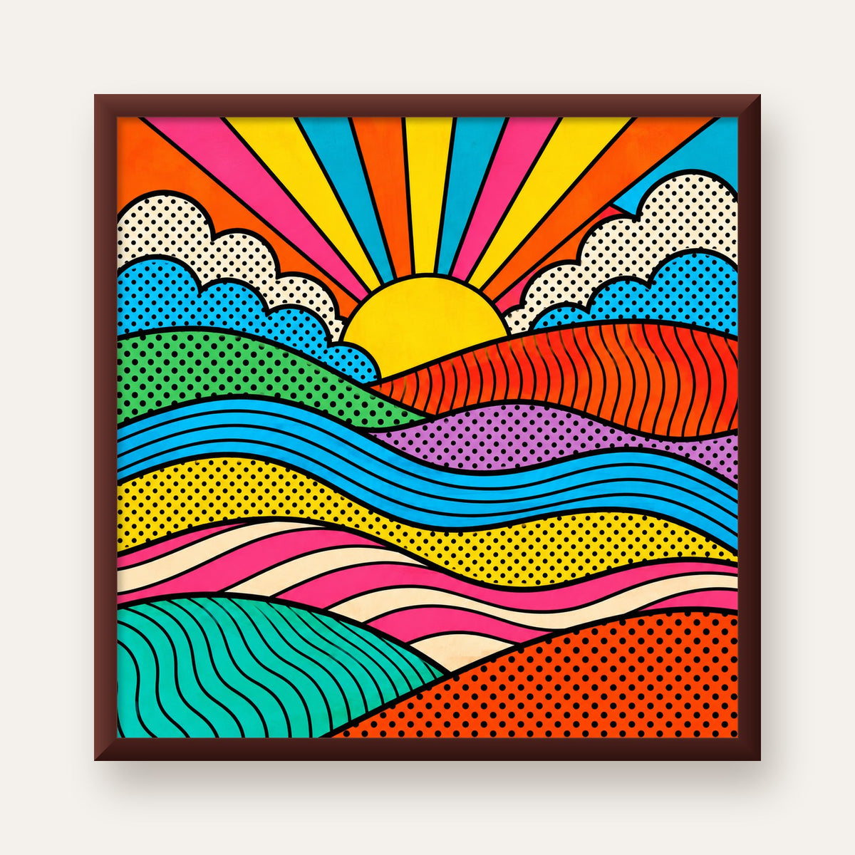 Pop Art Manzara ve Güneş Poster – Renkli Çizgi Roman Tasarım — ceviz çerçeveli