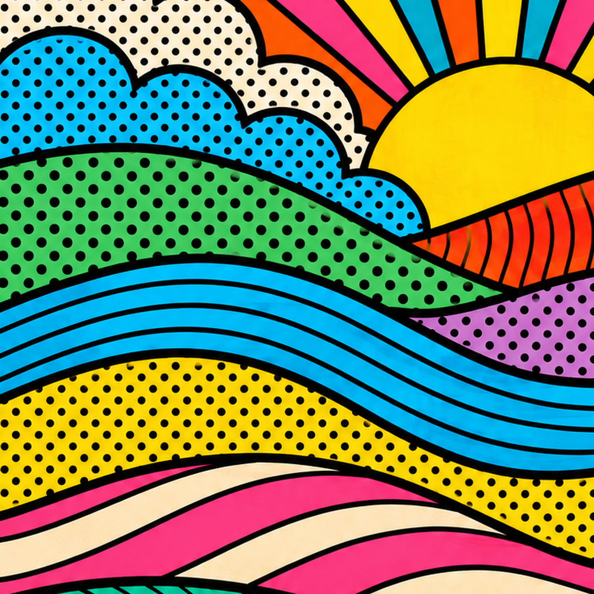 Pop Art Manzara ve Güneş Poster – Renkli Çizgi Roman Tasarım — baskının yakın çekimi, kâğıt dokusu ve renk detayı