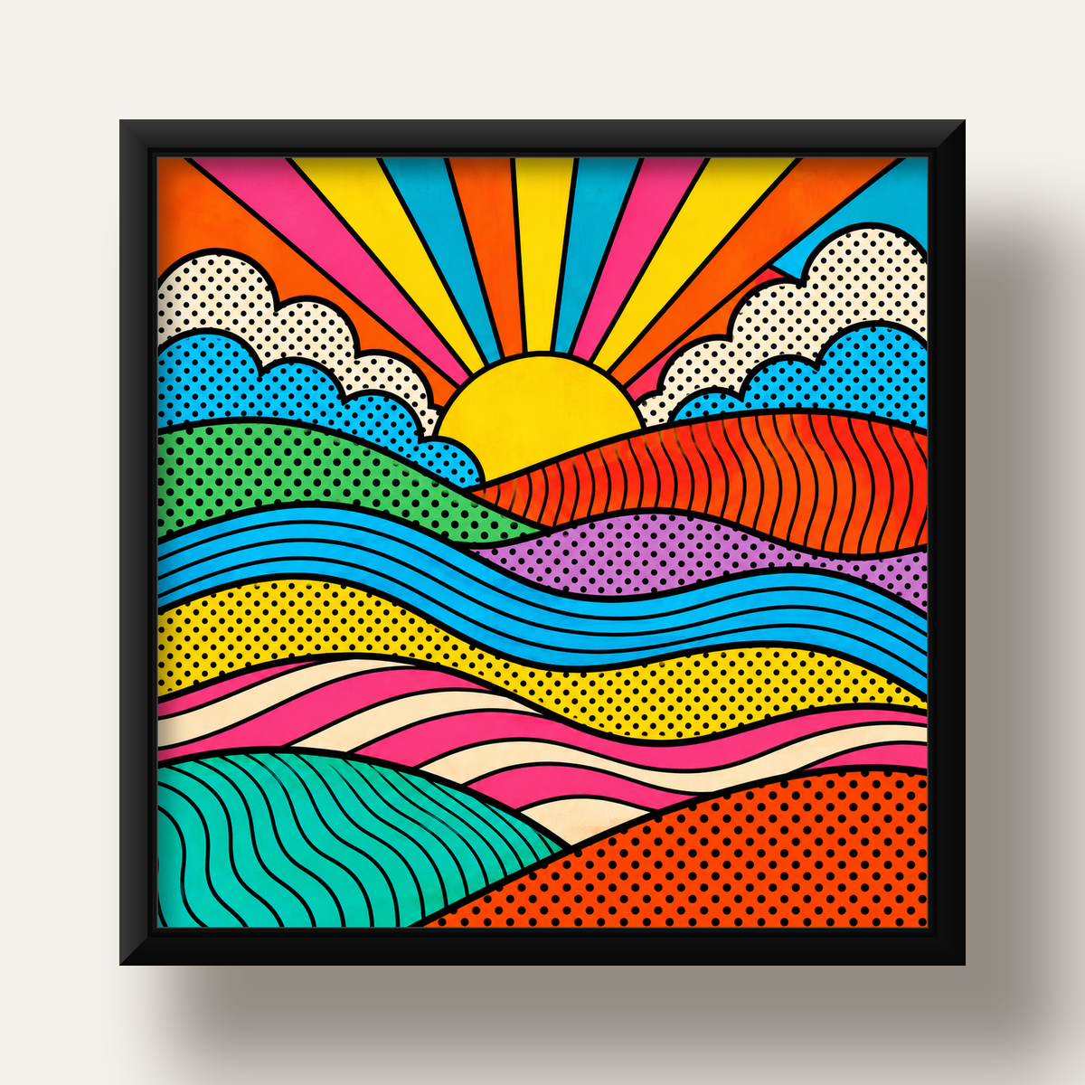 Pop Art Manzara ve Güneş Poster – Renkli Çizgi Roman Tasarım — siyah derin çerçeveli