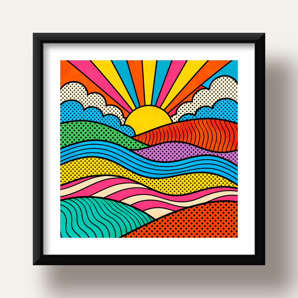 Pop Art Manzara ve Güneş Poster – Renkli Çizgi Roman Tasarım — siyah derin çerçeveli paspartulu