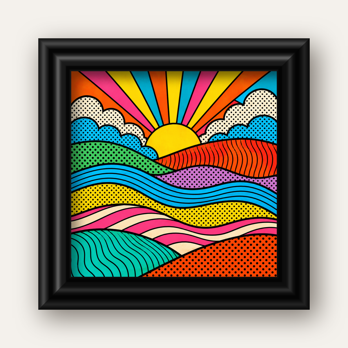 Pop Art Manzara ve Güneş Poster – Renkli Çizgi Roman Tasarım — siyah galeri çerçeveli
