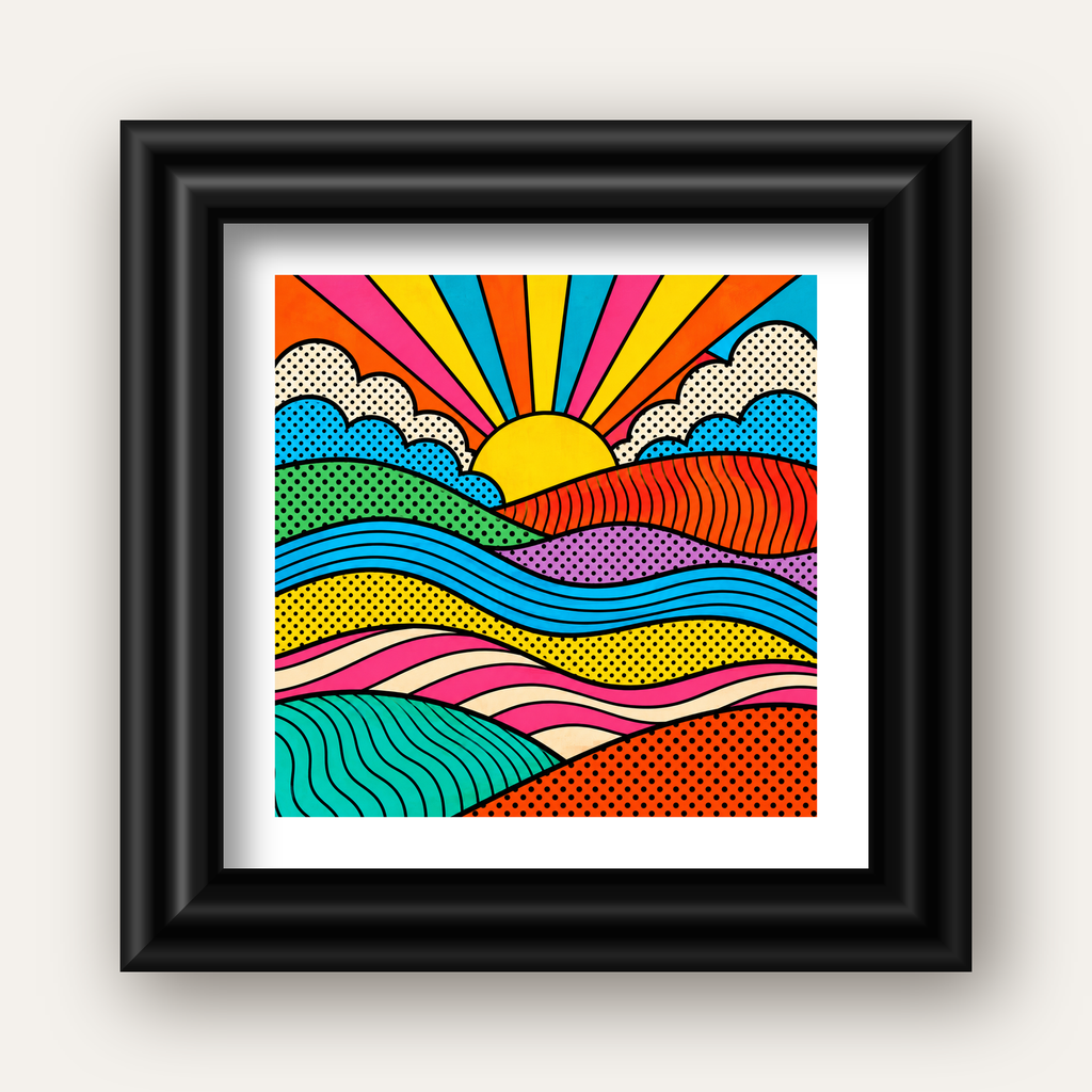 Pop Art Manzara ve Güneş Poster – Renkli Çizgi Roman Tasarım — siyah galeri çerçeveli paspartulu
