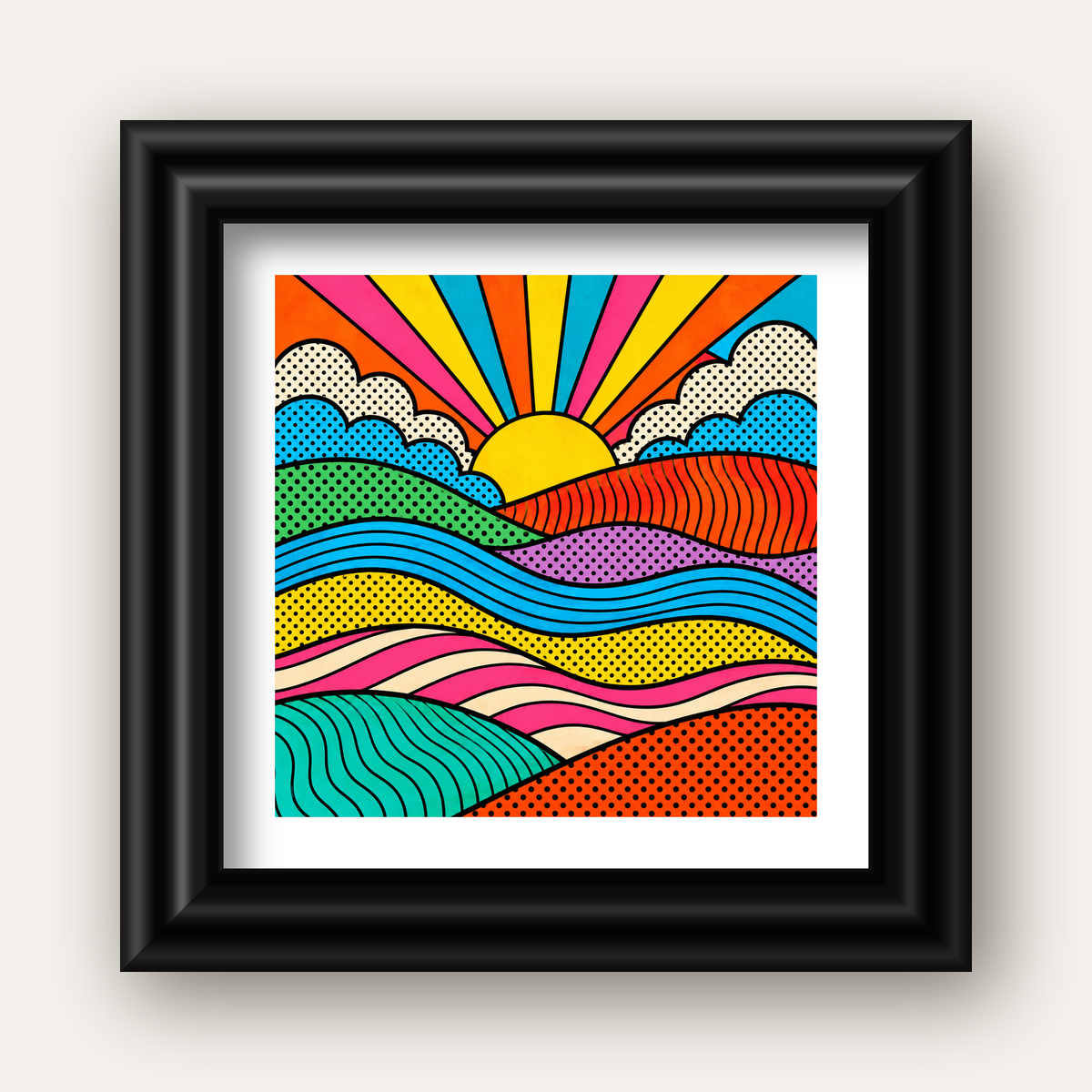 Pop Art Manzara ve Güneş Poster – Renkli Çizgi Roman Tasarım — siyah galeri çerçeveli paspartulu