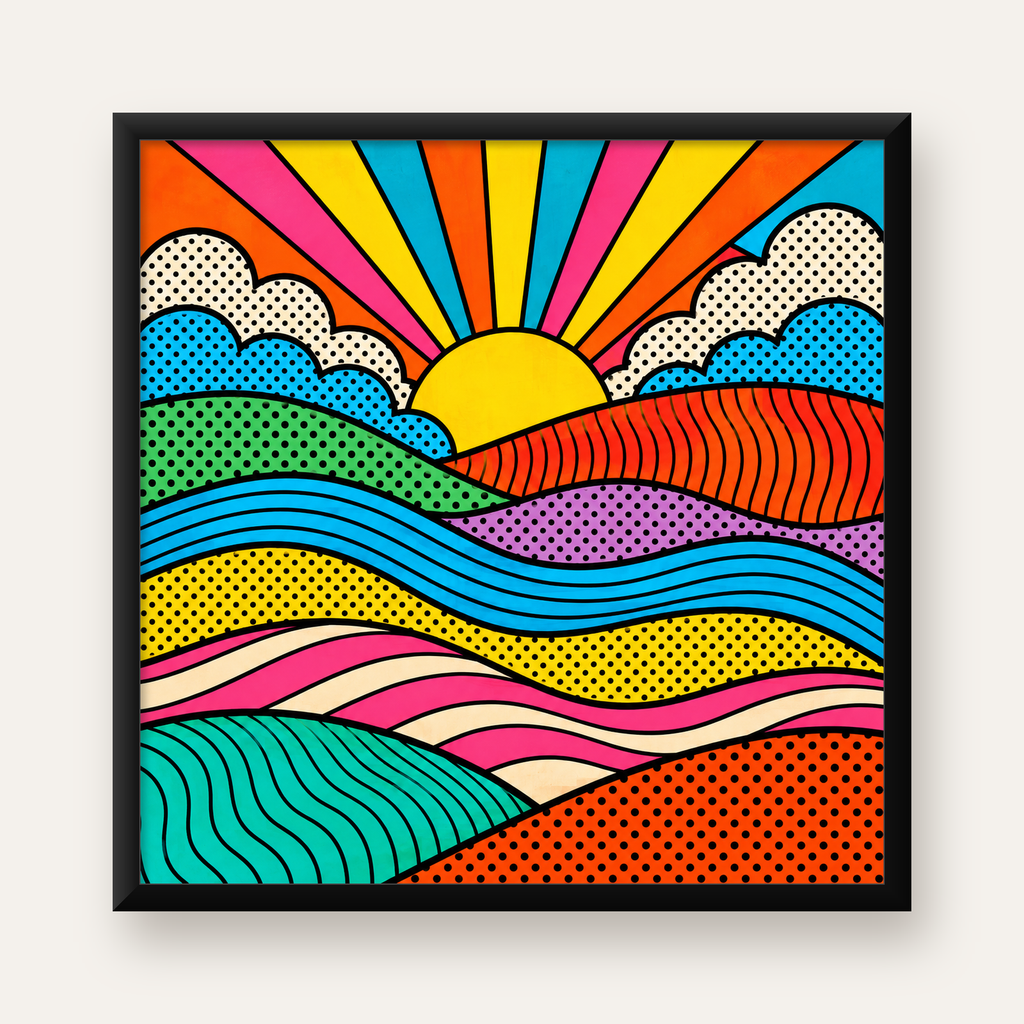 Pop Art Manzara ve Güneş Poster – Renkli Çizgi Roman Tasarım — Kare baskı, düz siyah çerçeveli duvar posteri