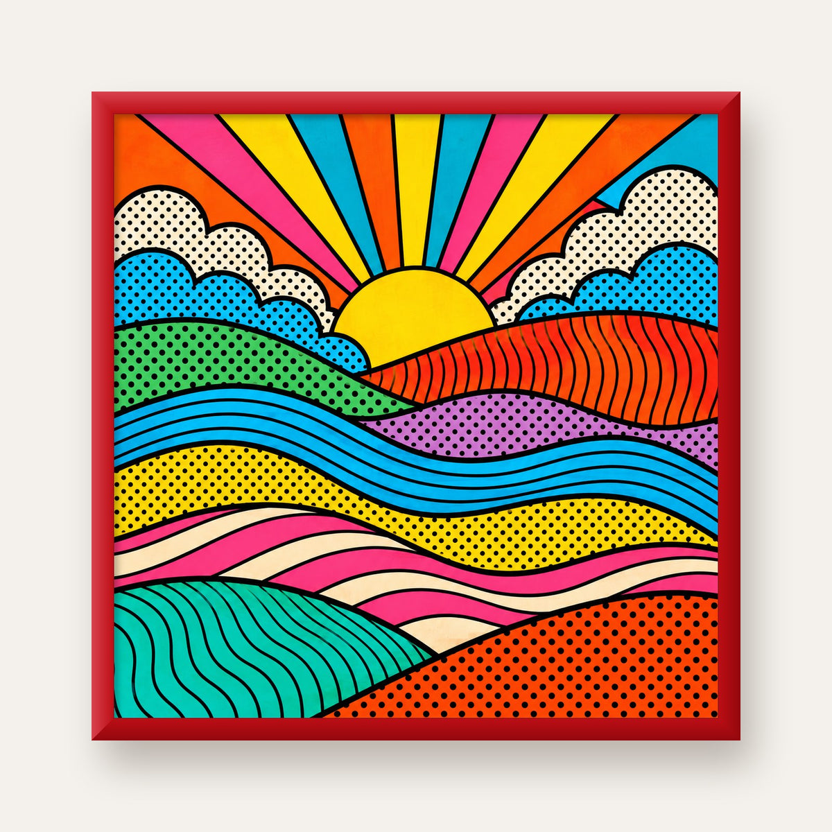 Pop Art Manzara ve Güneş Poster – Renkli Çizgi Roman Tasarım — kırmızı çerçeveli