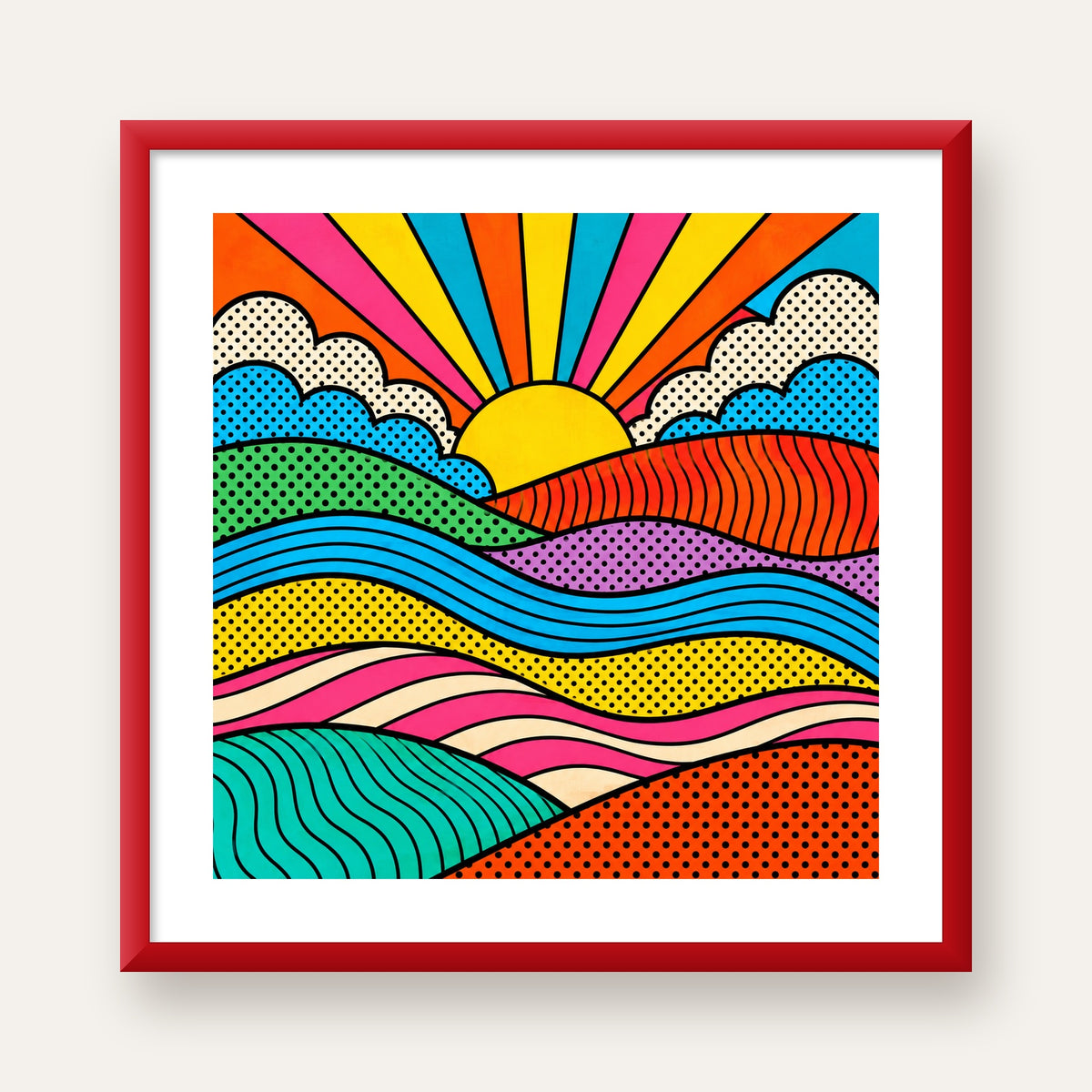 Pop Art Manzara ve Güneş Poster – Renkli Çizgi Roman Tasarım — kırmızı çerçeveli paspartulu
