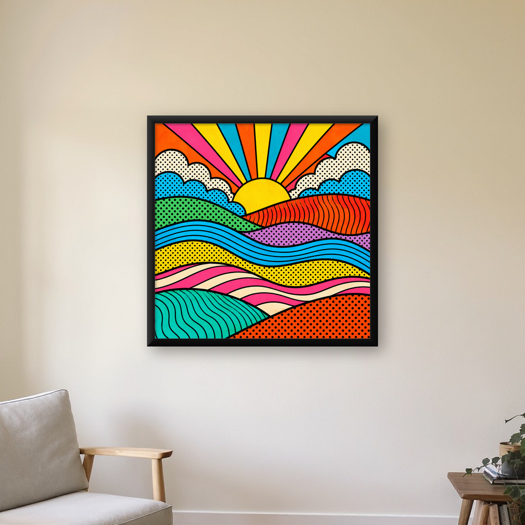 Pop Art Manzara ve Güneş Poster – Renkli Çizgi Roman Tasarım — Kare baskı, çerçeveli hâliyle bir ev duvarında
