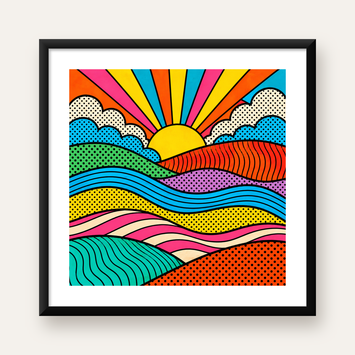 Pop Art Manzara ve Güneş Poster – Renkli Çizgi Roman Tasarım — Kare baskı, beyaz paspartulu