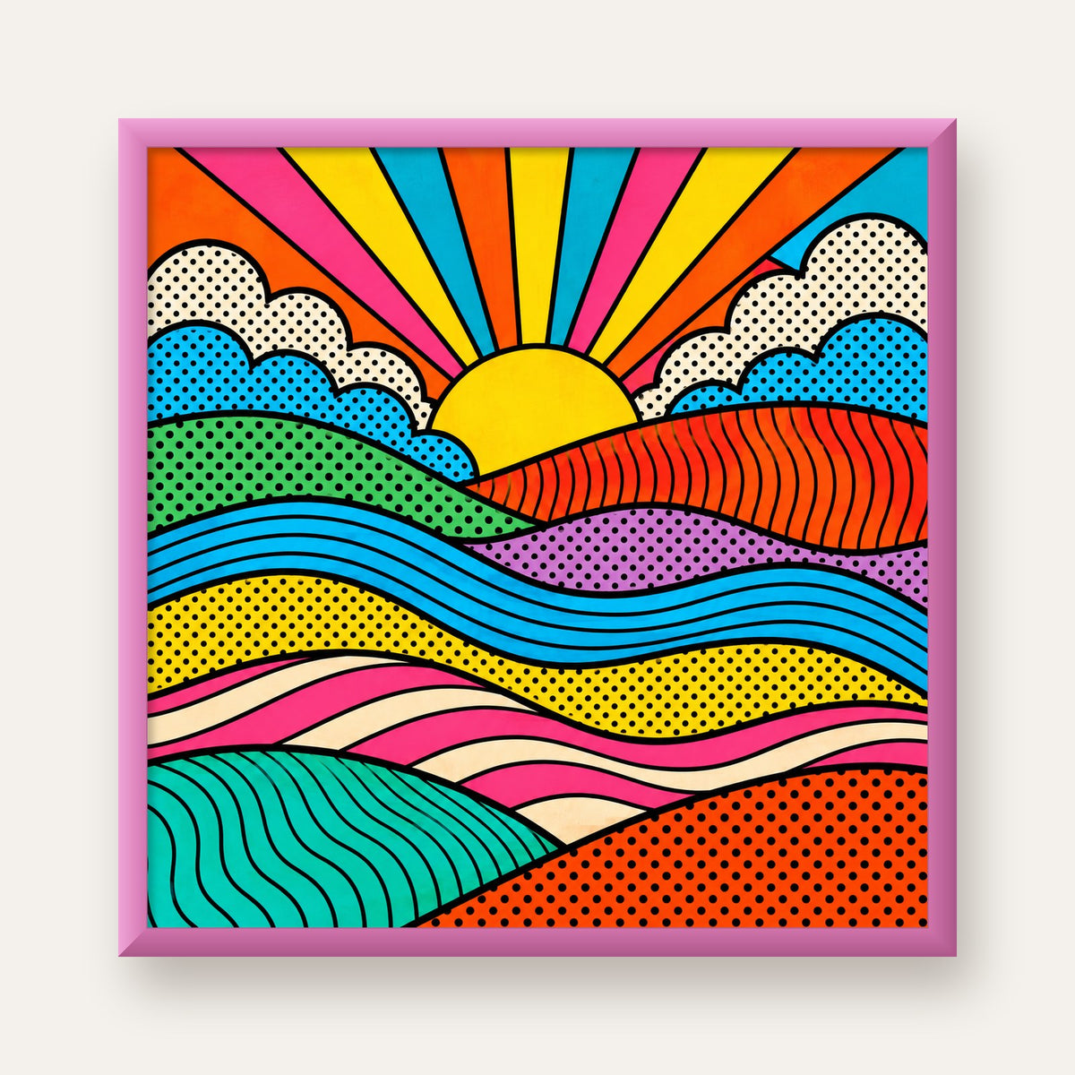 Pop Art Manzara ve Güneş Poster – Renkli Çizgi Roman Tasarım — pembe çerçeveli
