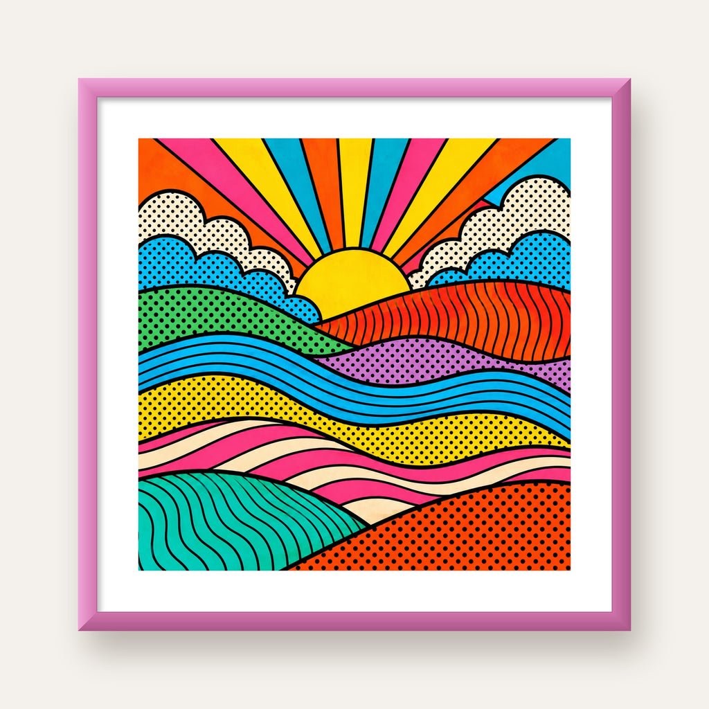 Pop Art Manzara ve Güneş Poster – Renkli Çizgi Roman Tasarım — pembe çerçeveli paspartulu
