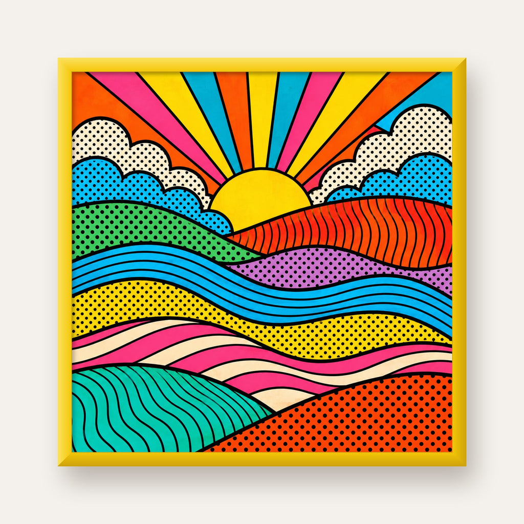 Pop Art Manzara ve Güneş Poster – Renkli Çizgi Roman Tasarım — sarı çerçeveli
