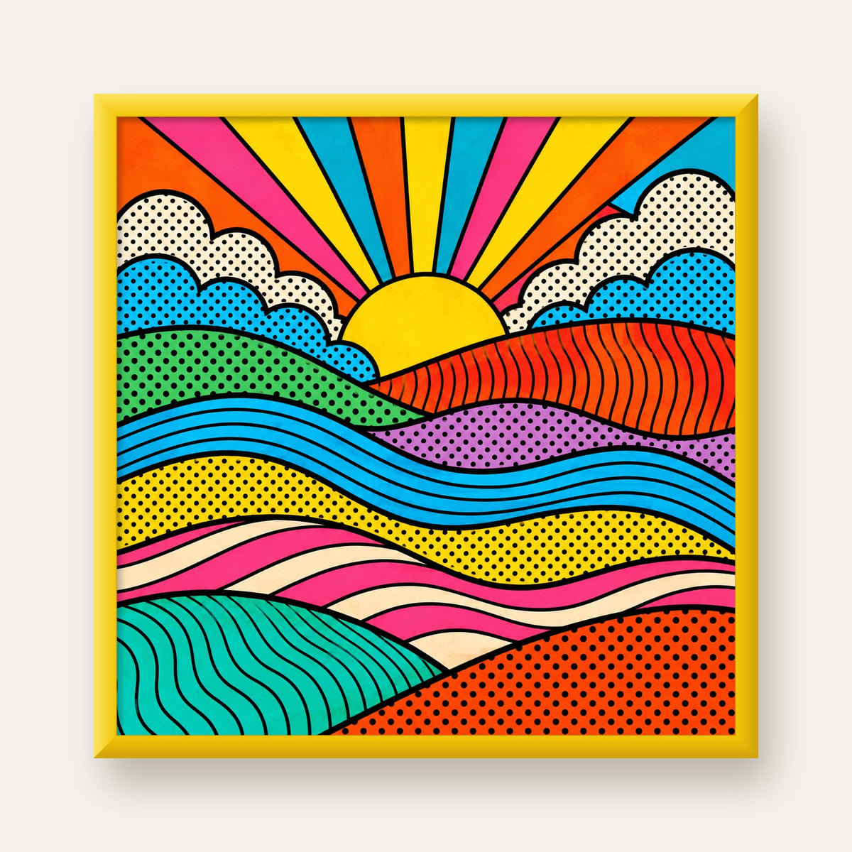 Pop Art Manzara ve Güneş Poster – Renkli Çizgi Roman Tasarım — sarı çerçeveli