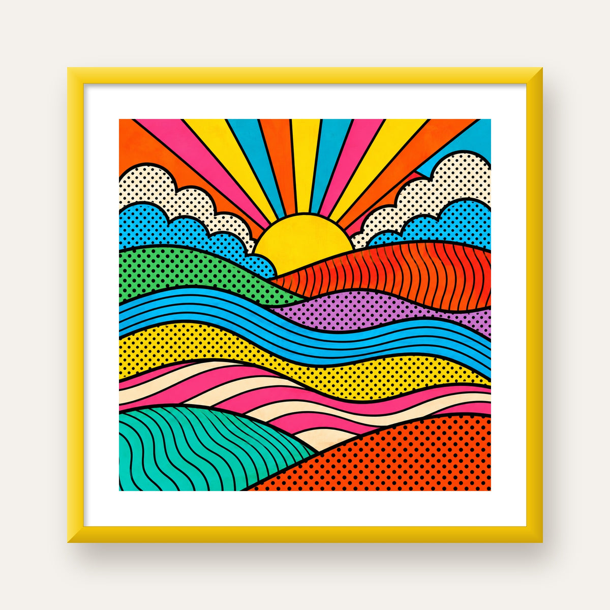 Pop Art Manzara ve Güneş Poster – Renkli Çizgi Roman Tasarım — sarı çerçeveli paspartulu