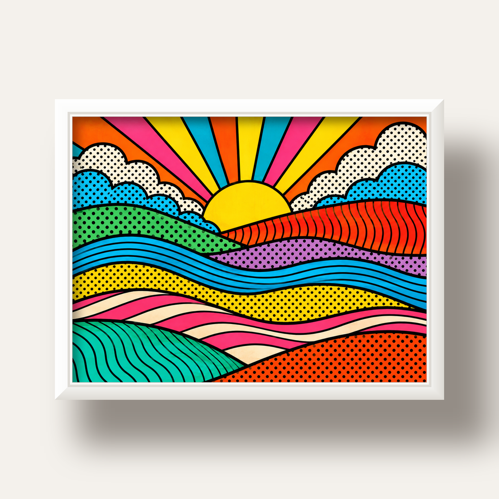 Pop Art Manzara ve Güneş Poster – Renkli Çizgi Roman Tasarım — beyaz derin çerçeveli