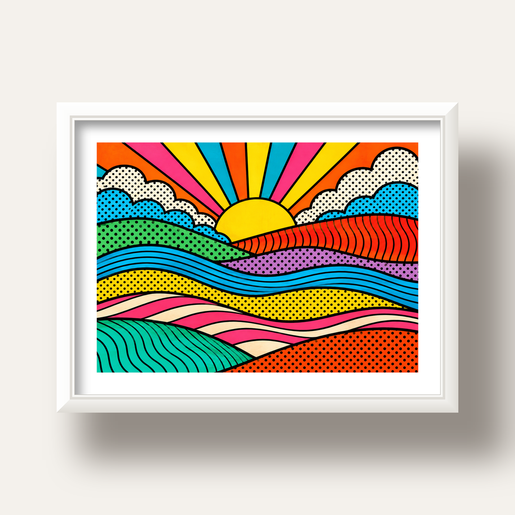 Pop Art Manzara ve Güneş Poster – Renkli Çizgi Roman Tasarım — beyaz derin çerçeveli paspartulu