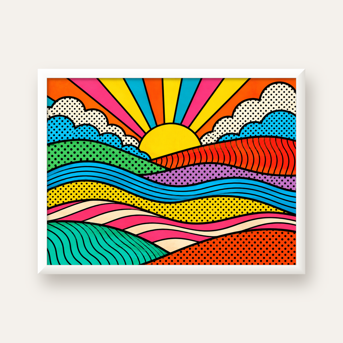 Pop Art Manzara ve Güneş Poster – Renkli Çizgi Roman Tasarım — beyaz çerçeveli yatay poster