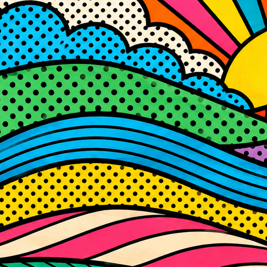 Pop Art Manzara ve Güneş Poster – Renkli Çizgi Roman Tasarım — baskının yakın çekimi, kâğıt dokusu ve renk detayı