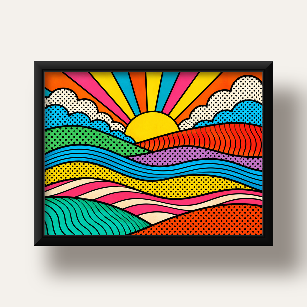 Pop Art Manzara ve Güneş Poster – Renkli Çizgi Roman Tasarım — siyah derin çerçeveli