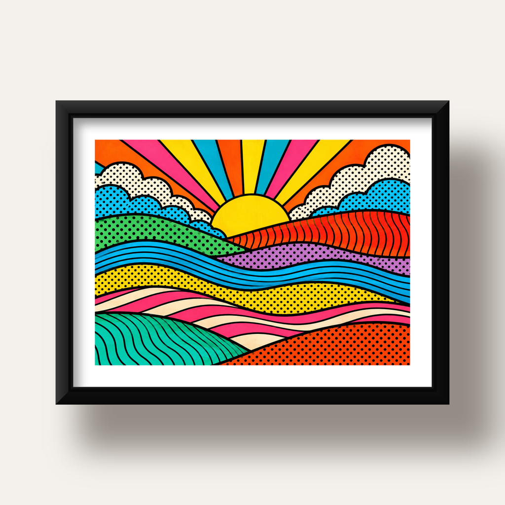 Pop Art Manzara ve Güneş Poster – Renkli Çizgi Roman Tasarım — siyah derin çerçeveli paspartulu