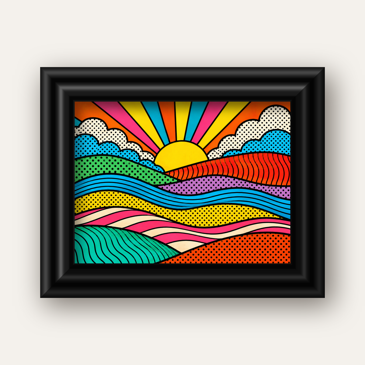 Pop Art Manzara ve Güneş Poster – Renkli Çizgi Roman Tasarım — siyah galeri çerçeveli