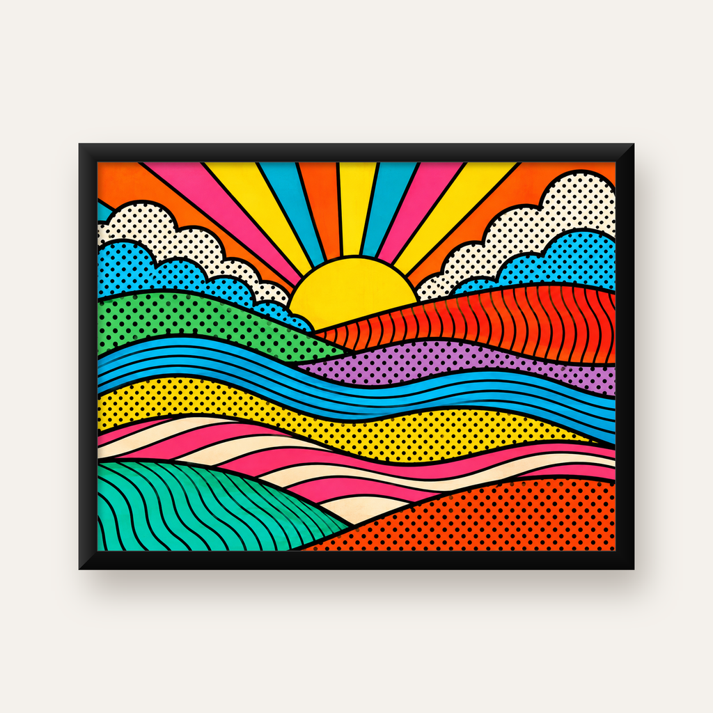 Pop Art Manzara ve Güneş Poster – Renkli Çizgi Roman Tasarım — Yatay baskı, düz siyah çerçeveli duvar posteri