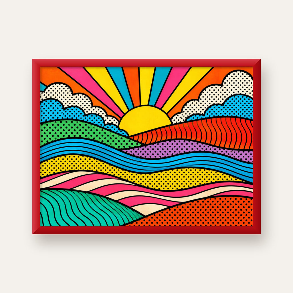 Pop Art Manzara ve Güneş Poster – Renkli Çizgi Roman Tasarım — kırmızı çerçeveli