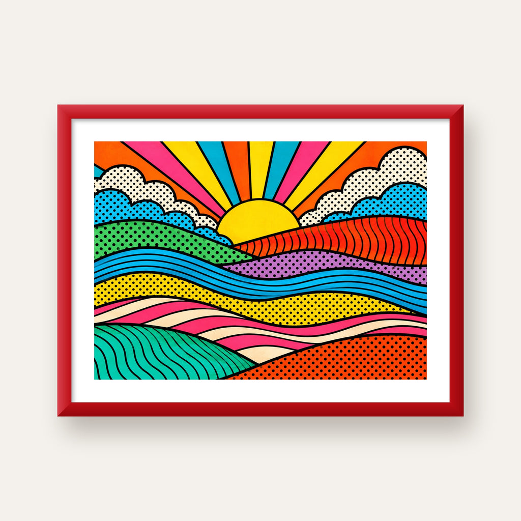 Pop Art Manzara ve Güneş Poster – Renkli Çizgi Roman Tasarım — kırmızı çerçeveli paspartulu
