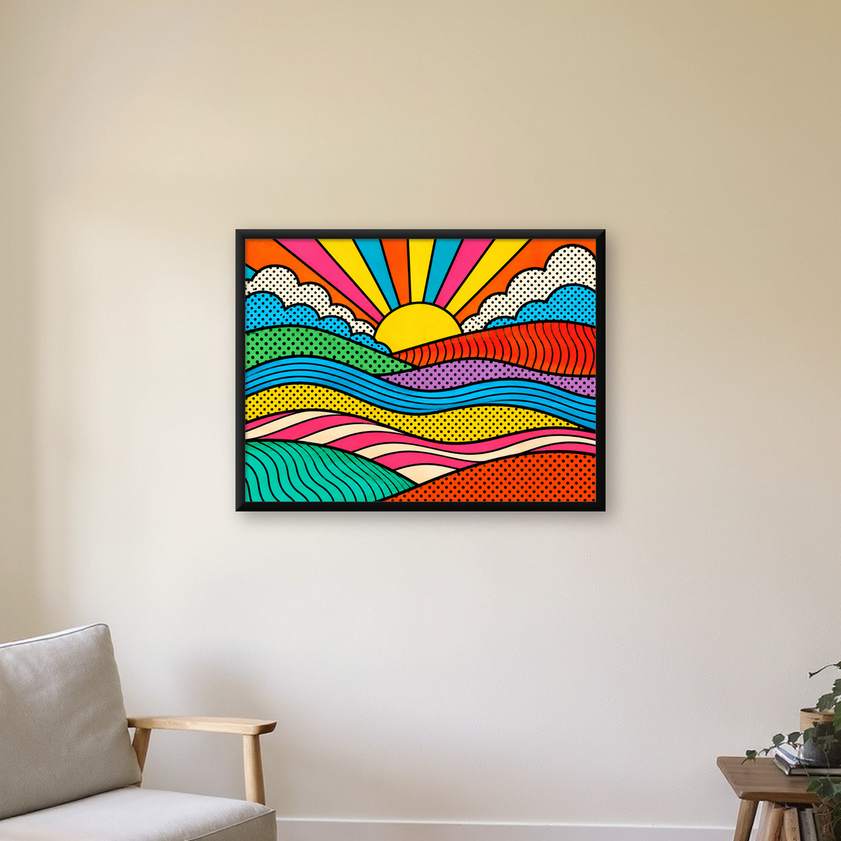 Pop Art Manzara ve Güneş Poster – Renkli Çizgi Roman Tasarım — Yatay baskı, çerçeveli hâliyle bir ev duvarında