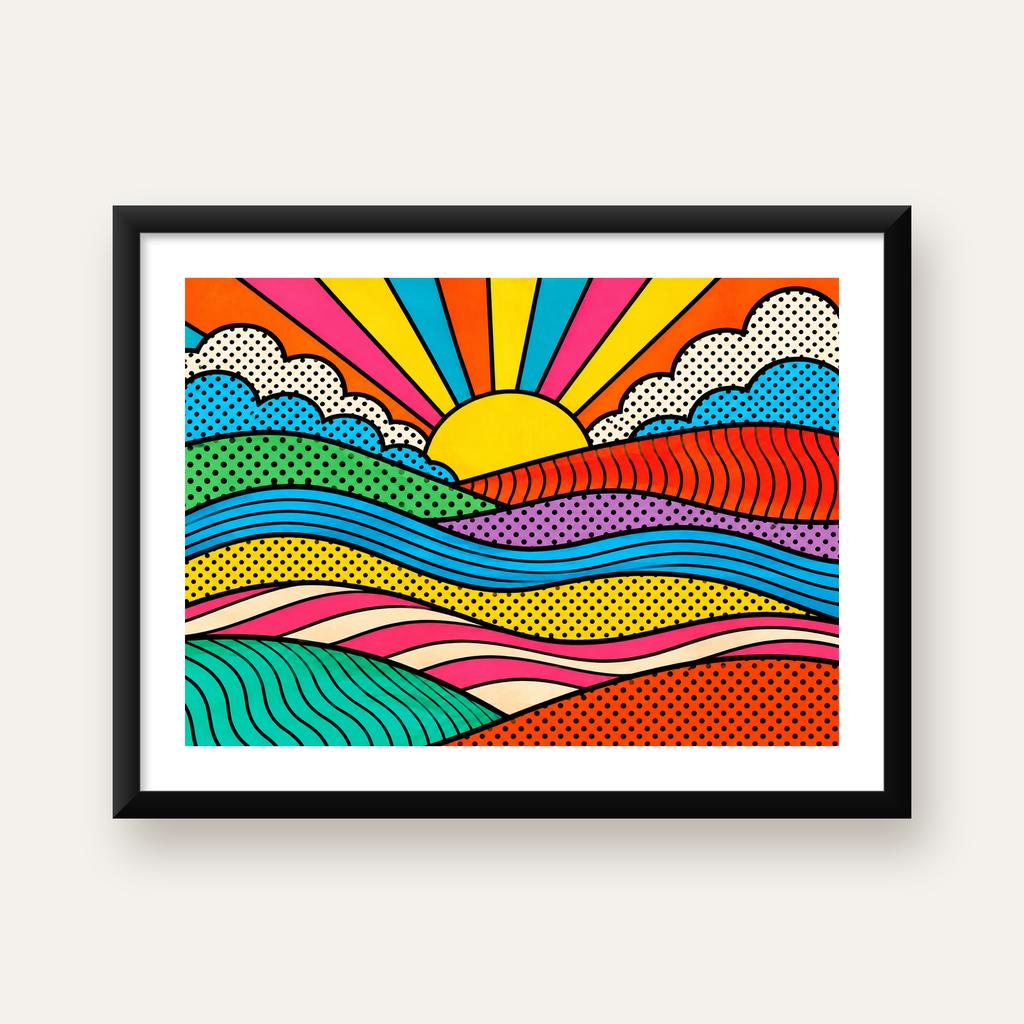 Pop Art Manzara ve Güneş Poster – Renkli Çizgi Roman Tasarım — Yatay baskı, beyaz paspartulu