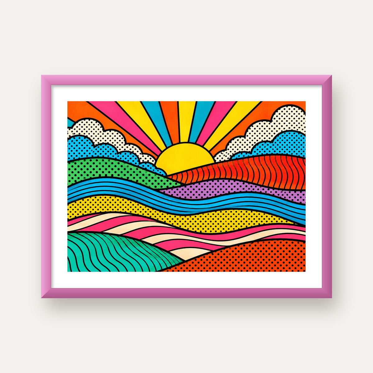 Pop Art Manzara ve Güneş Poster – Renkli Çizgi Roman Tasarım — pembe çerçeveli paspartulu