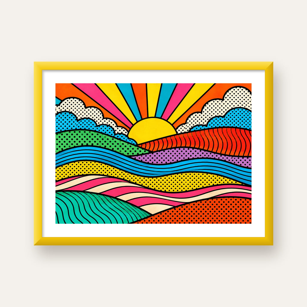 Pop Art Manzara ve Güneş Poster – Renkli Çizgi Roman Tasarım — sarı çerçeveli paspartulu