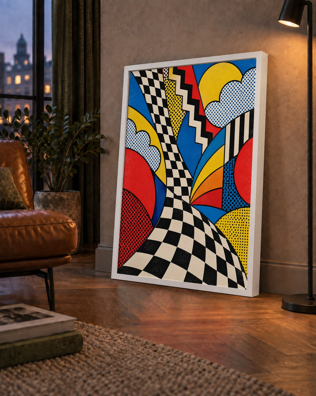 Soyut Pop Art Desenli Renkli Modern Poster Baskı — çerçeveli hâliyle bir ev duvarında
