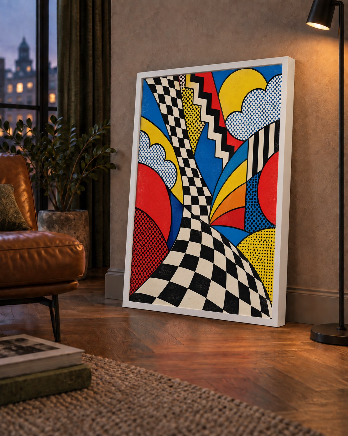 Soyut Pop Art Desenli Renkli Modern Poster Baskı — çerçeveli hâliyle bir ev duvarında