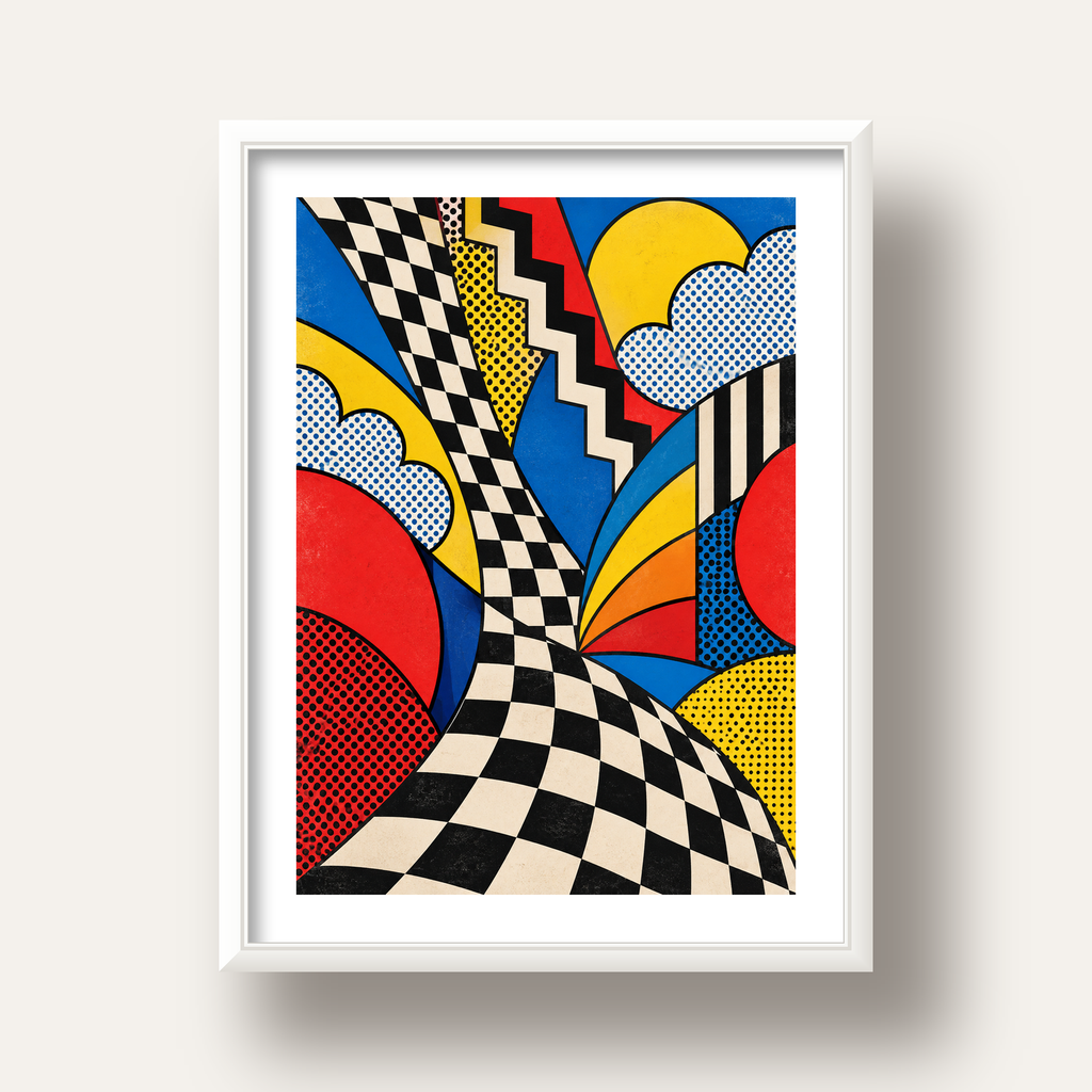 Soyut Pop Art Desenli Renkli Modern Poster Baskı — beyaz derin çerçeveli paspartulu